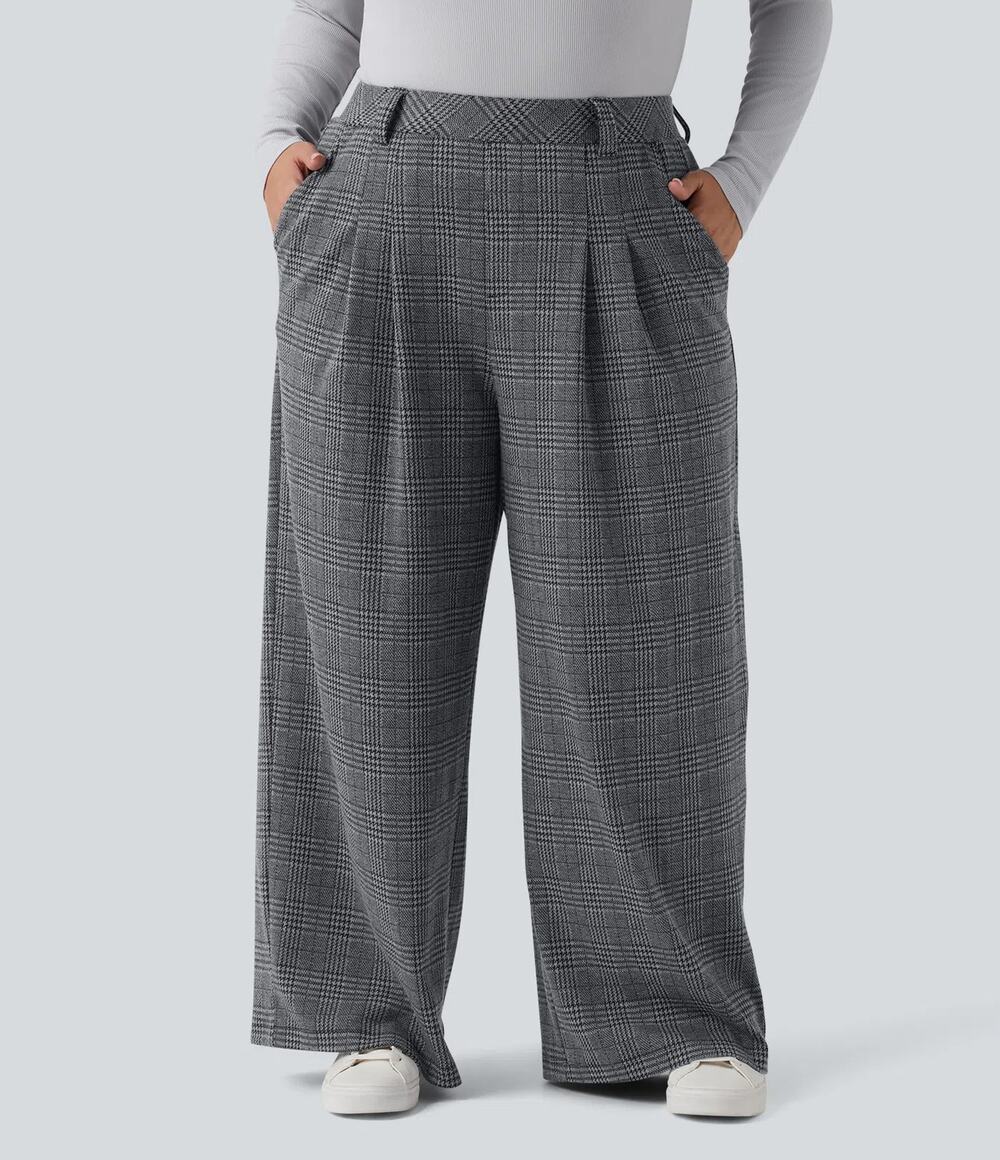 Halara High Rise Wide Leg Houndstooth Plaid Pull On Pants Academia Gray XL/2XL